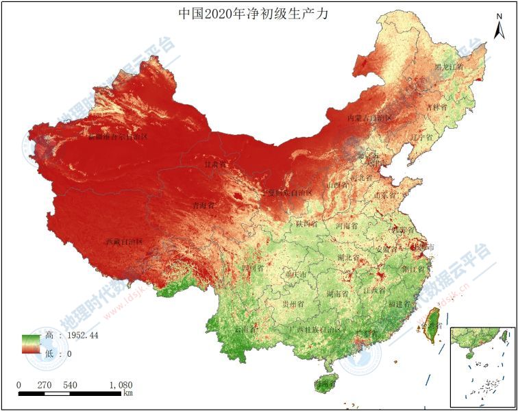 2020年中国250米，广东、湖北30米净初级生产力